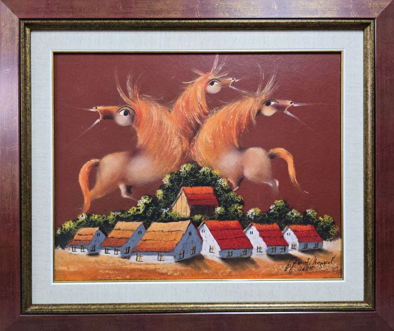 Trio snova II, Janoš Mesaroš, kombinovana pastel ulje tehnika, luksuzno uramljena, sa ramom 56×66 cm, bez rama 40×50 cm, sertifikat, 70800 dinara