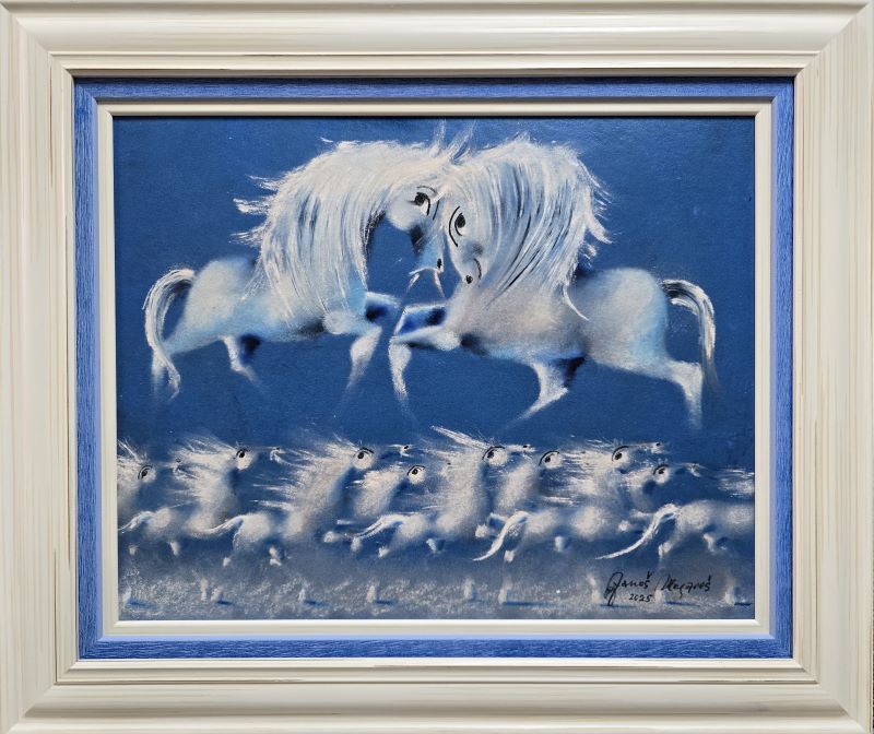 Trka II, Janoš Mesaroš, kombinovana pastel ulje tehnika, luksuzno uramljena, sa ramom 56×66 cm, bez rama 40×50 cm, sertifikat, 70800 dinara