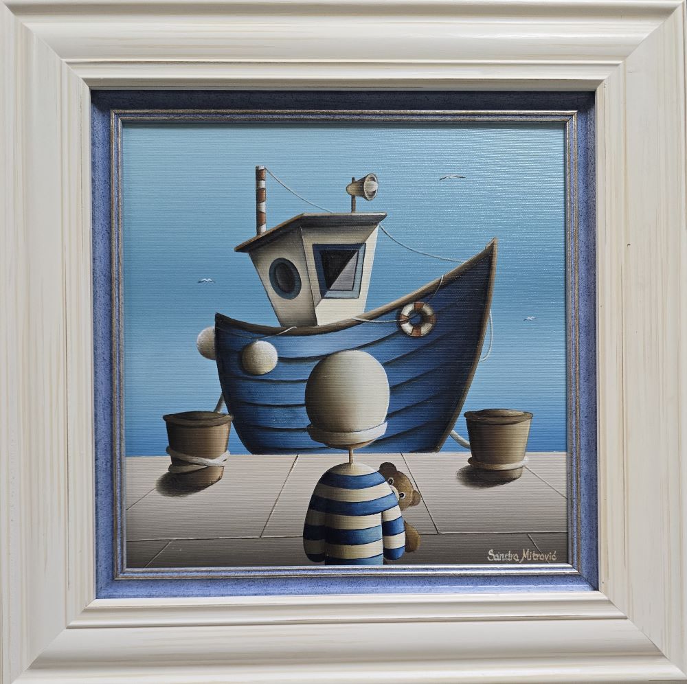 Mornar meda i barka, Sandra Mitrović, ulje na platnu, sa 45×45 cm, bez 30×30 cm, sertifikat, 44840 dinara