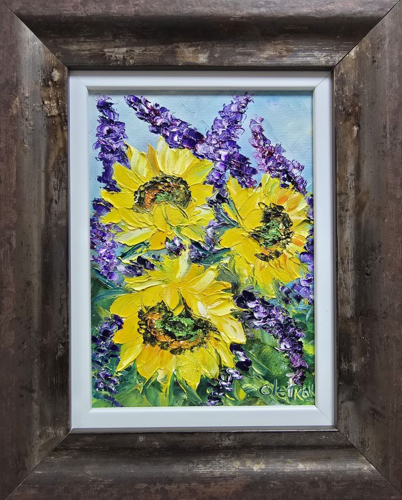 Suncokreti 1, ulje na platnu, Vesna Cvetkov, sa 31×25 cm, bez 27×16 cm, uramljena,sertifikat, 8260 dinara