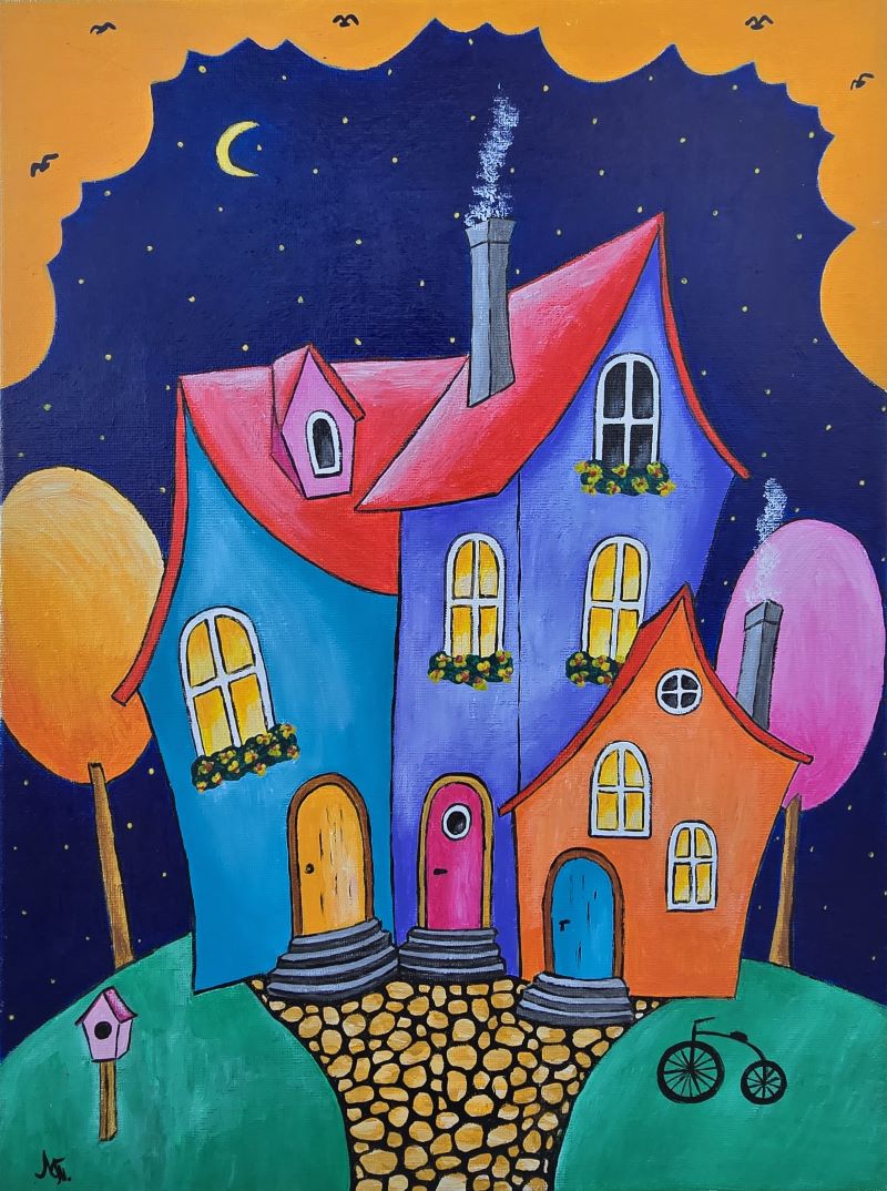 Tri kuće, akril na platnu, 40×30 cm, Tijana L. , sertifikat, 8290 dinara