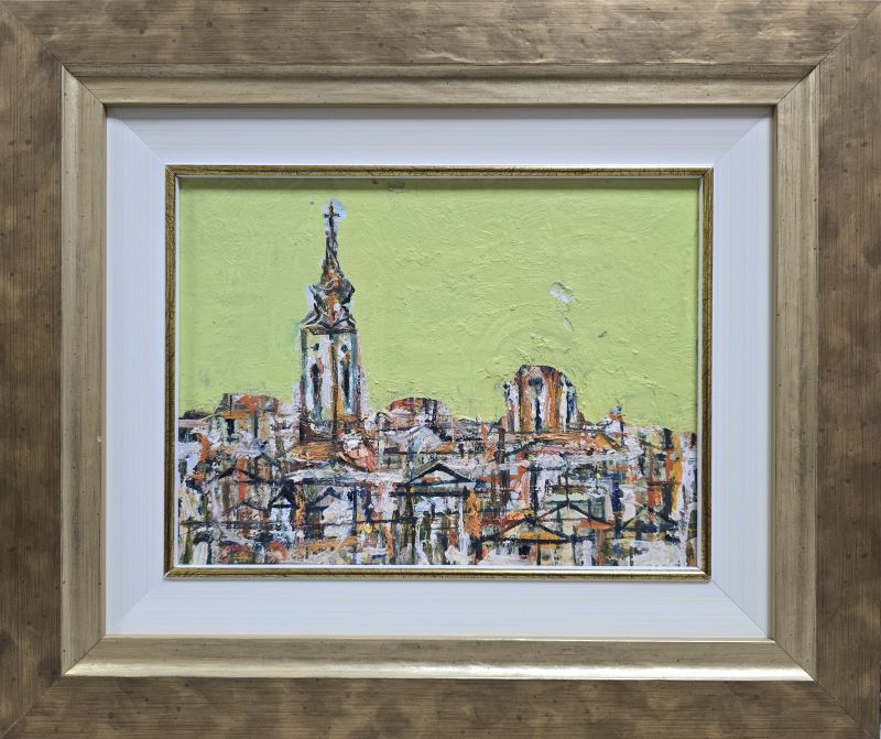 Beograd 1, Miodrag Mijo Elezović, ulje platno kaširano na lesonitu, sa 32×38 cm, bez 18×24 cm, sertifikat, 11800 dinara
