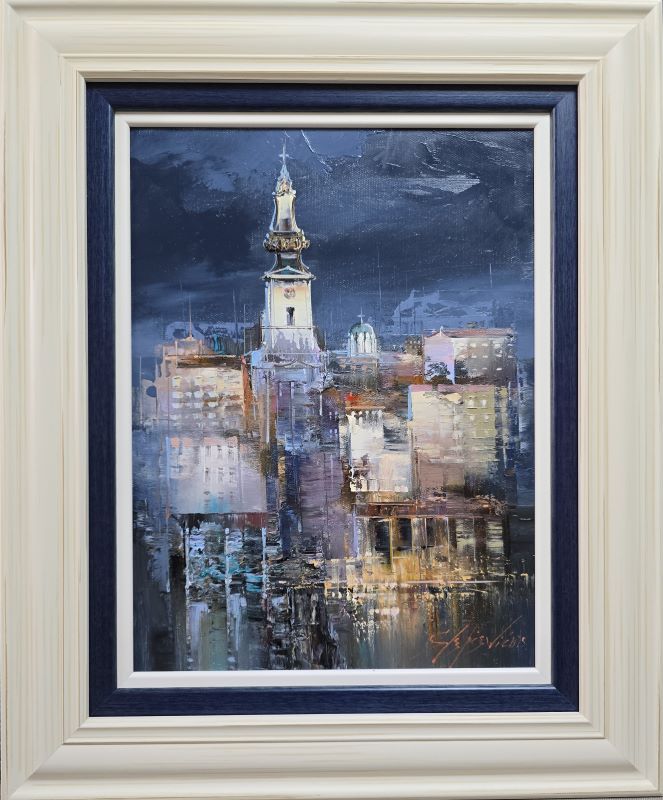 Beograd noću, Dejan Slepčević, ulje na platnu, luks uramljena, sa 57×47 cm, bez 40×30 cm, sertifikat, 35400 dinara