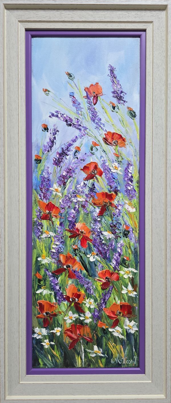 Cvetno polje 1, ulje na platnu, Vesna Cvetkov, sa 71×31 cm, bez 60×20 cm, uramljena,sertifikat, 17700 dinara