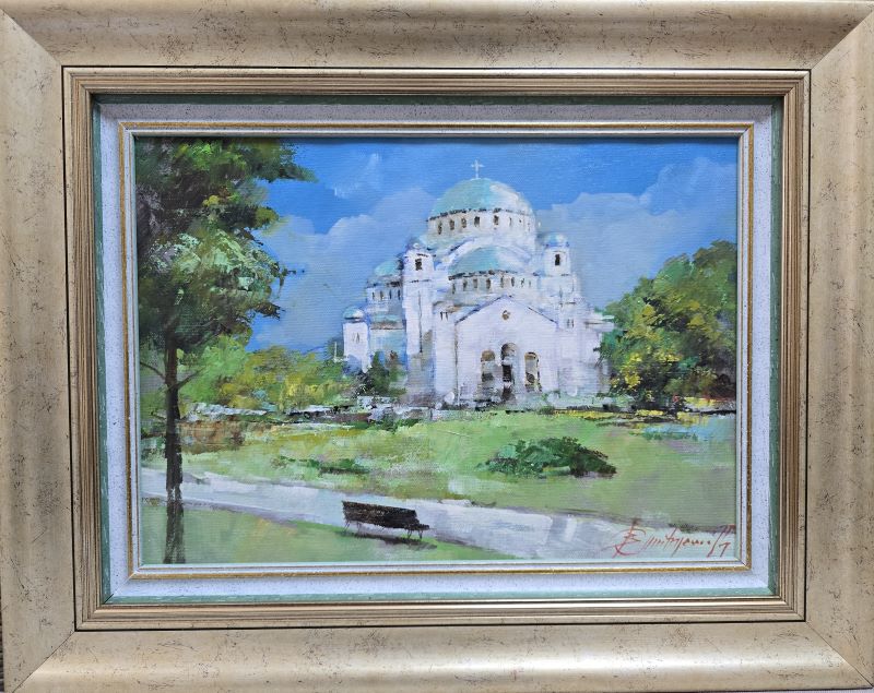 Hram Svetog Save, Branko Dimitrijević, ulje na platnu, luks uramljena, sa 39×49 cm, bez 25×35 cm, sertifikat, 16520 dinara