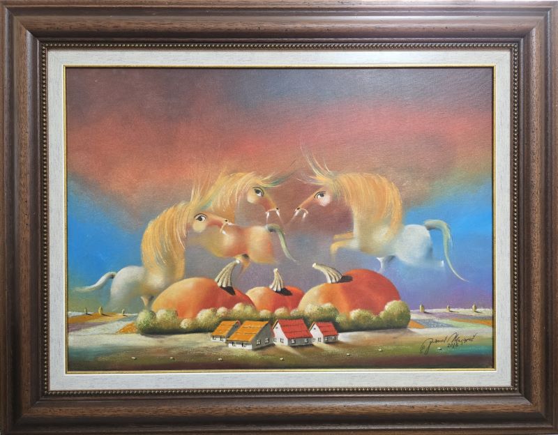 Idila V, Janoš Mesaroš, ulje na platnu kombinovana tehnika, sa 72×92 cm, bez 50×70 cm, sertifikat, lux ram, 2016., 224200 dinara