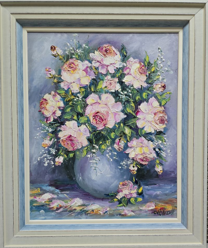 Ruže, ulje na kartonu, Vesna Cvetkov, sa 63×53 cm, bez 50×40 cm, uramljena, sertifikat, 17700 dinara