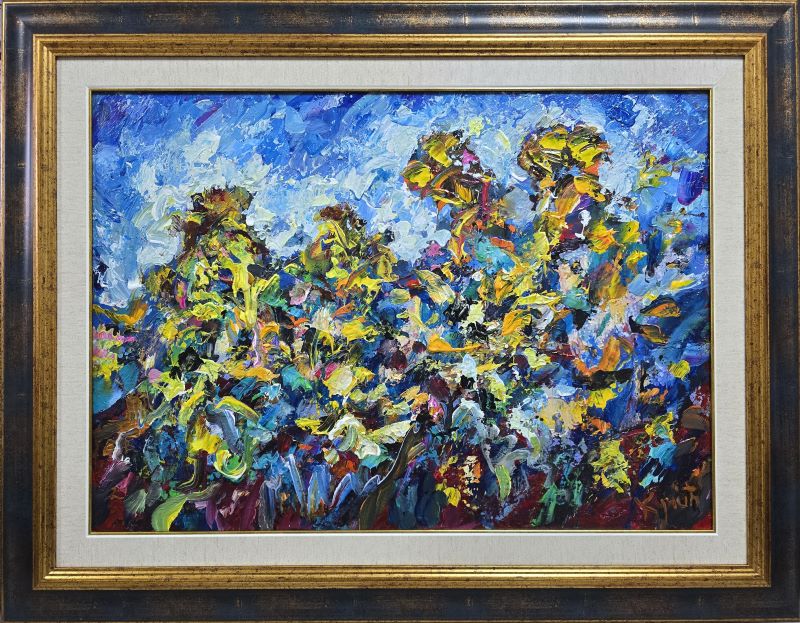 Suncokreti 1, ulje na platnu, Dragan Kunić, sertifikat, sa 71×91 cm, lux ram, bez 50×70 cm, 47200 dinara