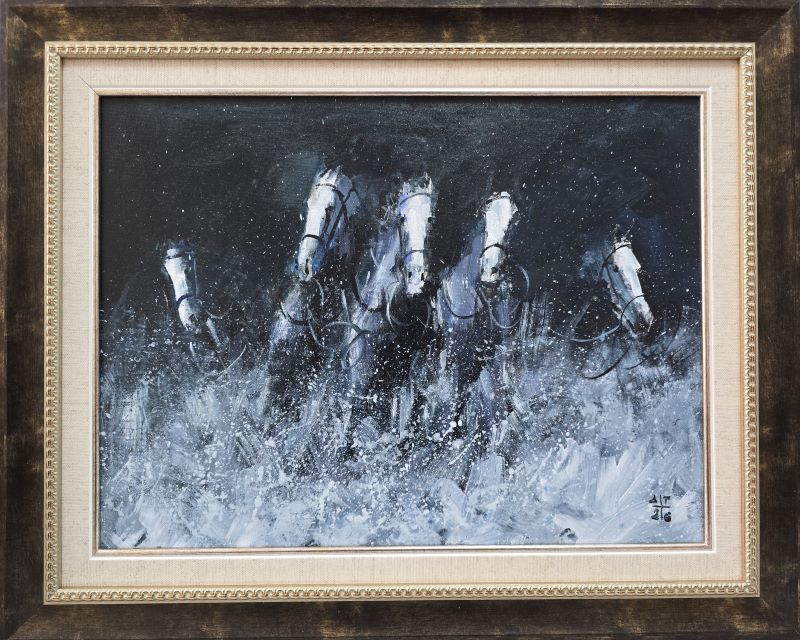Konji 23, Dragan Tasić, akril na platnu kaširano na kartonu, sa 41×51 cm, bez 30×40 cm, sertifikat, 11210 dinara