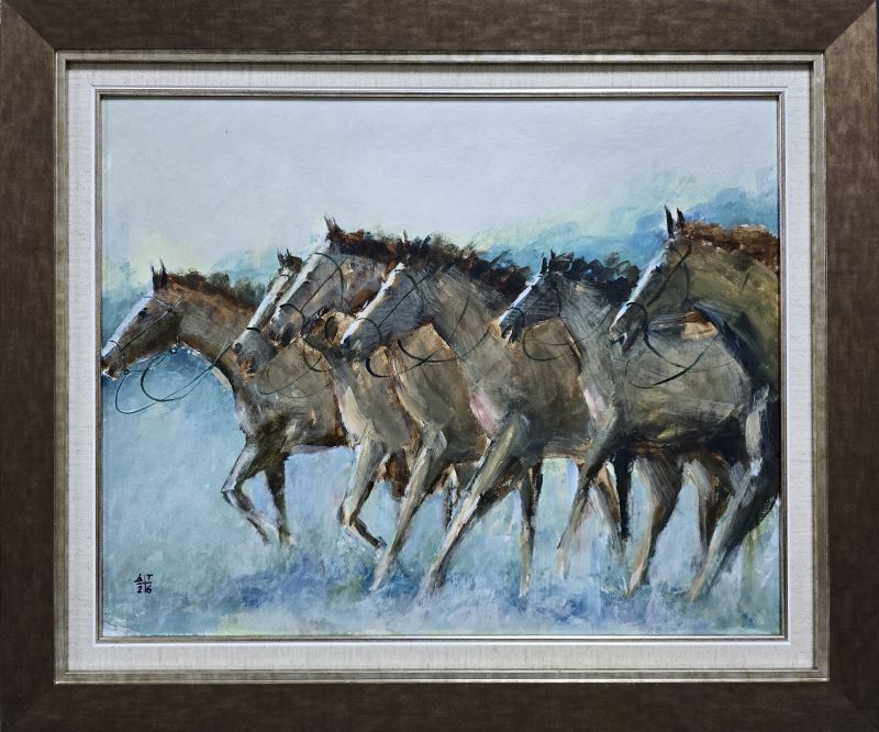 Konji 26, Dragan Tasić, akril na platnu kaširano na kartonu, sa 52×62 cm, bez 40×50 cm, sertifikat, 14160 dinara