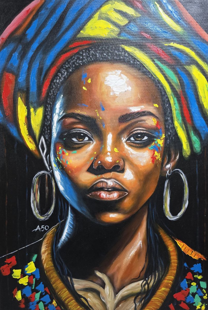 Afrikanka 1, akril na platnu, slikar Kasim potpisuje A50 sa Zantibara, sertifikat, 94×64 cm, 53100 dinara
