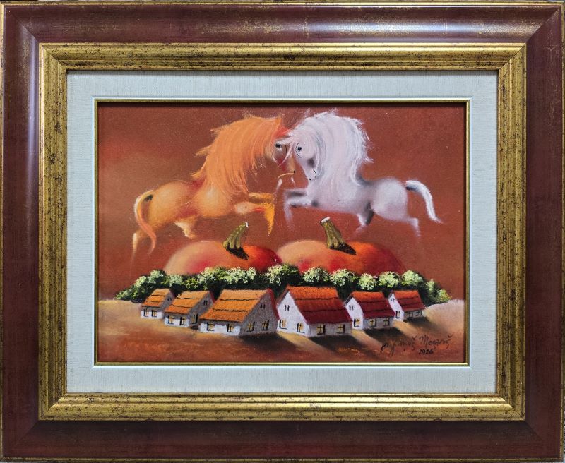 Dve bundeve III, Janoš Mesaroš, kombinovana tehnika lak pastel, luksuzno uramljen, sa 44×54 cm, bez 25×35 cm, sertifikat, 35400 dinara