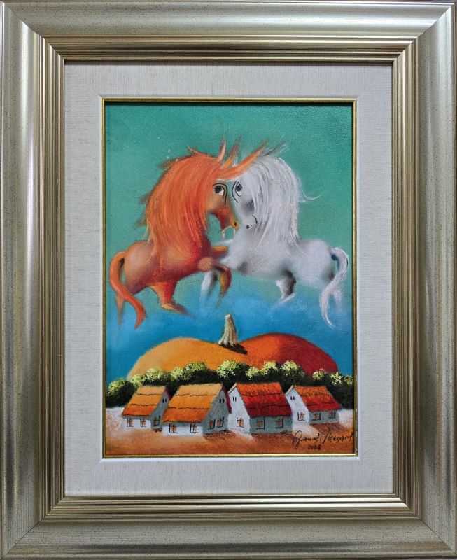 Zelena igra III, Janoš Mesaroš, kombinovana tehnika lak pastel, luksuzno uramljen, sa 56×46 cm, bez 35×25 cm, sertifikat, 35400 dinara