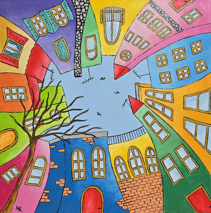 Zgrade, akril na platnu, Tijana L., 40×40 cm, sertifikat, 10620 dinara