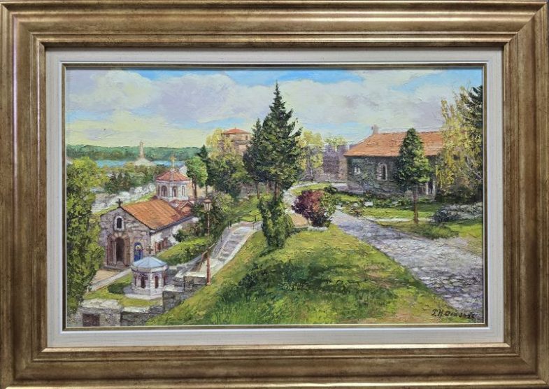 Framed landscape painting of a sunlit village atop a grassy hill with a winding path, trees, and a distant river.