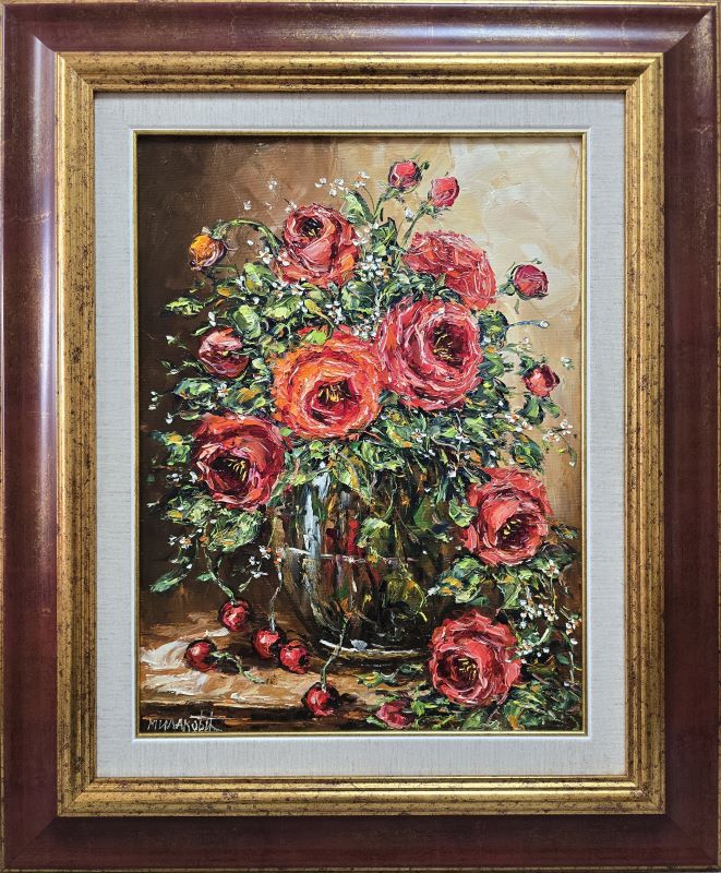 Crvene ruže, ulje na platnu, sa 59×49 cm, bez 40×30 cm, lux uramljena, Bosa Milaković, sertifikat, 29500 dinara