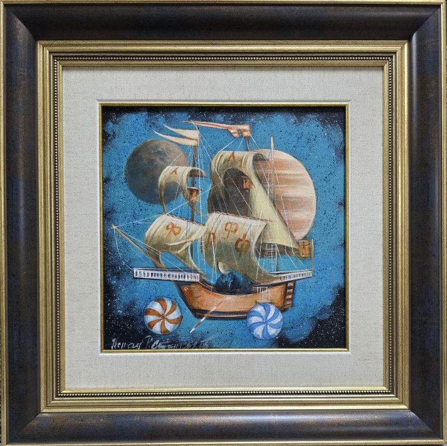Jedrenjak u kosmosu, prof. FLU Nenad Stanković, ulje na platnu, sa 43×43 cm, bez 25×25 cm, 2026., sertifikat, 50740 dinara
