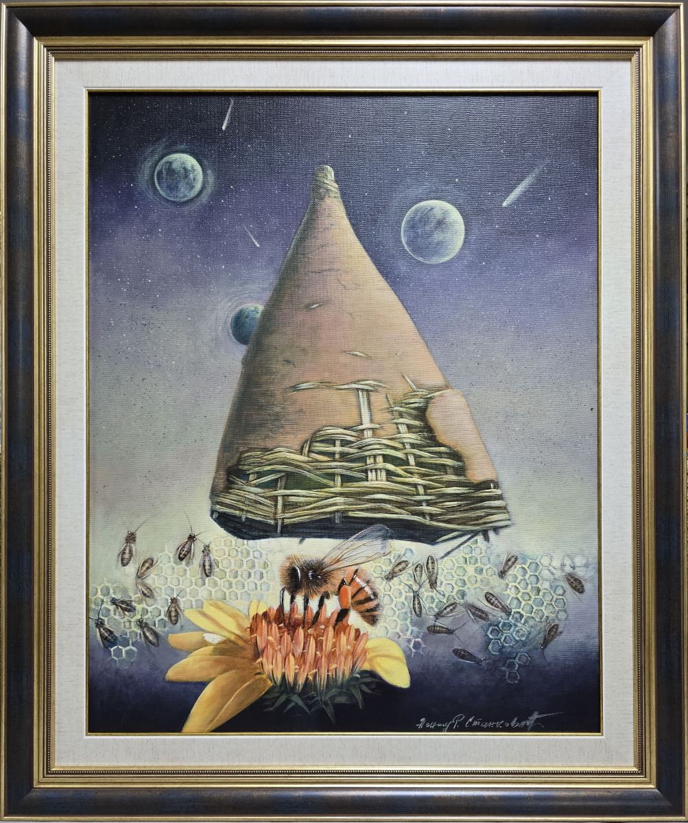 Kosmičko carstvo pčela, prof. FLU Nenad Stanković, ulje na platnu, sa 93×78 cm, bez 77×60 cm, 2026., sertifikat, 151040 dinara