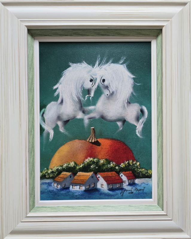 Ljubavni par V, Janoš Mesaroš, kombinovana tehnika lak pastel, luksuzno uramljen, sa 50×40 cm, bez 35×25 cm, sertifikat, 35400 dinara