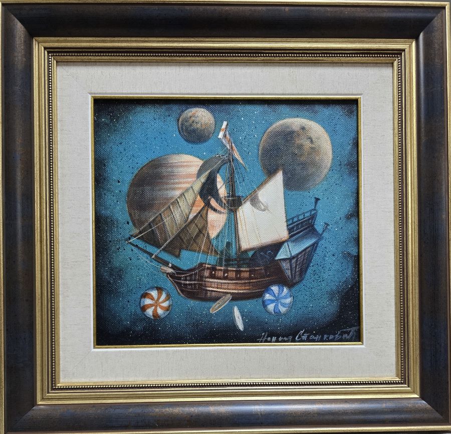 Lutajući jedrenjak u kosmosu, prof. FLU Nenad Stanković, ulje na platnu, sa 45×47 cm, bez 27×29 cm, 2026., sertifikat, 53100 dinara