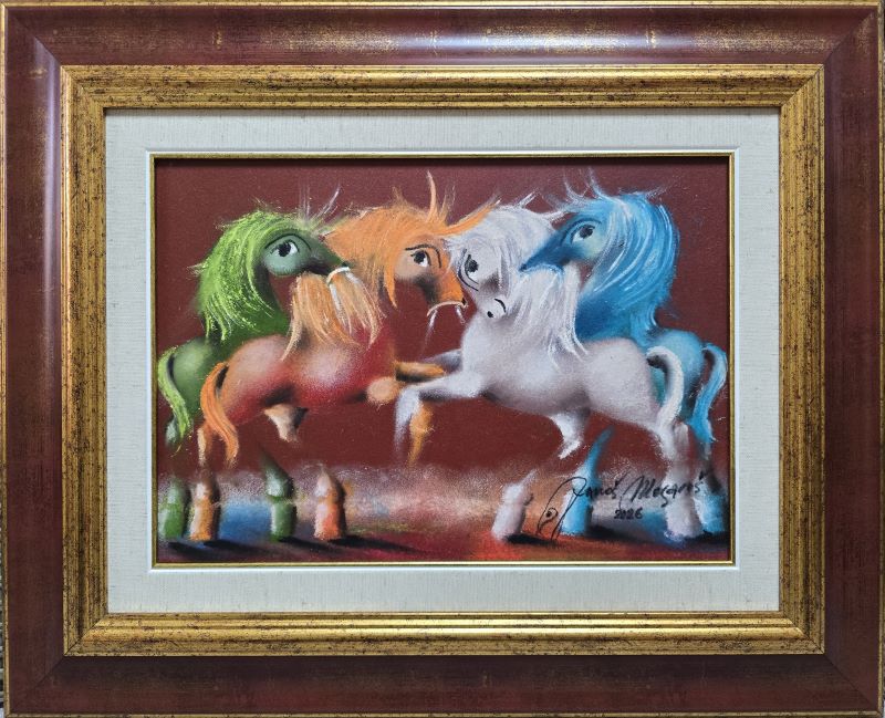 Porodica V, Janoš Mesaroš, kombinovana tehnika lak pastel, luksuzno uramljen, sa 44×54 cm, bez 25×35 cm, sertifikat, 35400 dinara