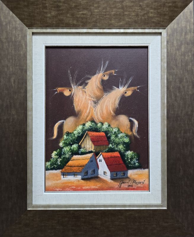 Salaš V, Janoš Mesaroš, kombinovana tehnika lak pastel, luksuzno uramljen, sa 54×44 cm, bez 35×25 cm, sertifikat, 35400 dinara