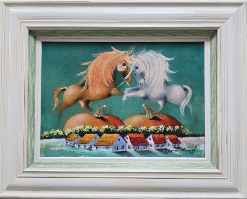 Šarena ljubav XVI, Janoš Mesaroš, kombinovana tehnika lak pastel, luksuzno uramljen, sa 40×50 cm, bez 25×35 cm, sertifikat, 35400 dinara