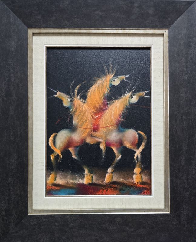 Tri čuvarkuće V, Janoš Mesaroš, kombinovana tehnika lak pastel, luksuzno uramljen, sa 54×44 cm, bez 35×25 cm, sertifikat, 35400 dinara