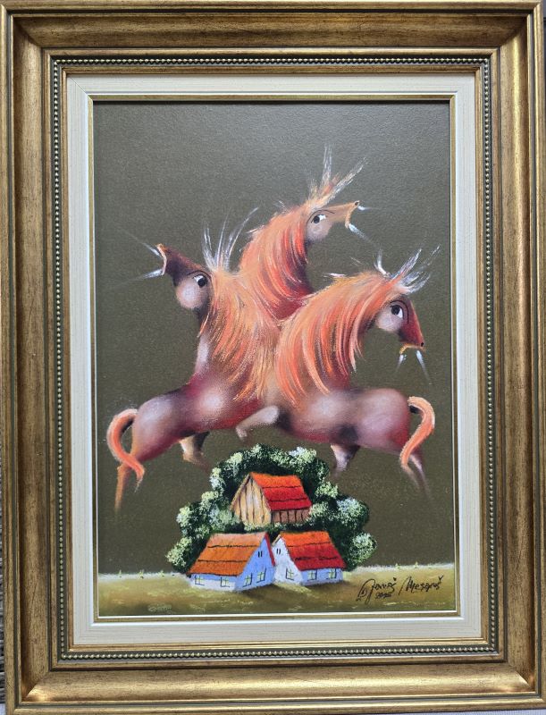 Tri pastuva V, Janoš Mesaroš, kombinovana pastel ulje tehnika, luksuzno uramljena, sa ramom 65×50 cm, bez rama 50×35 cm, sertifikat, 70800 dinara