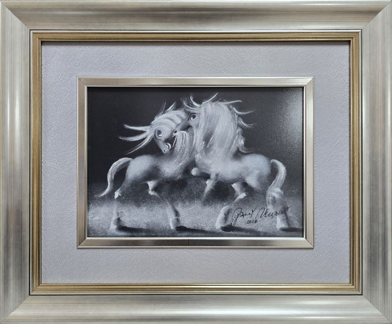 Crno beli svet VI, Janoš Mesaroš, pastel, luksuzno uramljena sa staklom, sa 43×51 cm, bez 21×30 cm, sertifikat, 33040 dinara