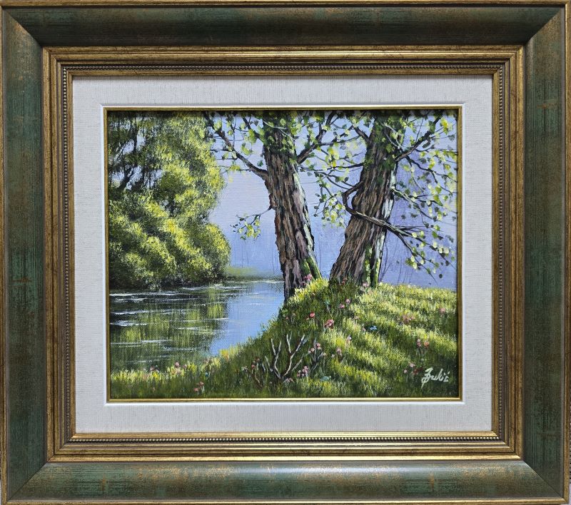 Kraj reke, Jadran Đukić, ulje na platnu, sa 41×46 cm, bez 25×30 cm, sertifikat, lux uramljena, 15340 dinara