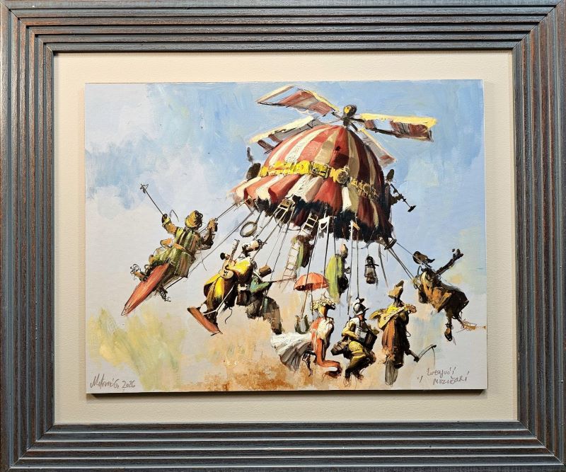 Lutajući muzičari, Goran Mitrović, sa ramom 60×71 cm, bez rama 39×50 cm, digitalna kombinovana tehnika sa dodatim aplikacijama i islikanim detaljima uljanom bojom, unikat slika, sertifikat, 49560 dinara