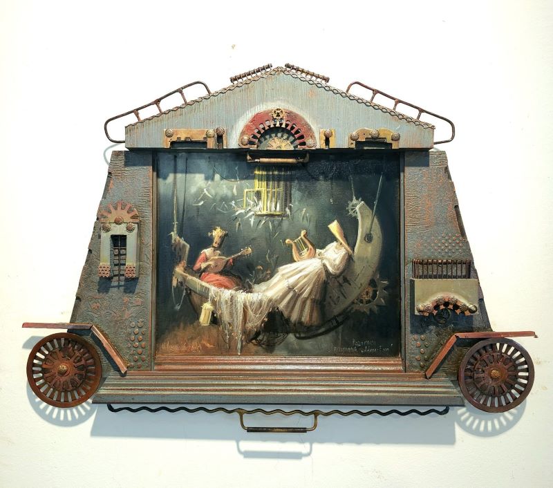 Pozornica izgnanih – Adam i Eva, sa 44×60 cm, bez 25×30 cm, slikarski objekat ulje na platnu, autorska konstrukcija od drveta i metala sa aplikacijama, sertifikat, 118000 dinara