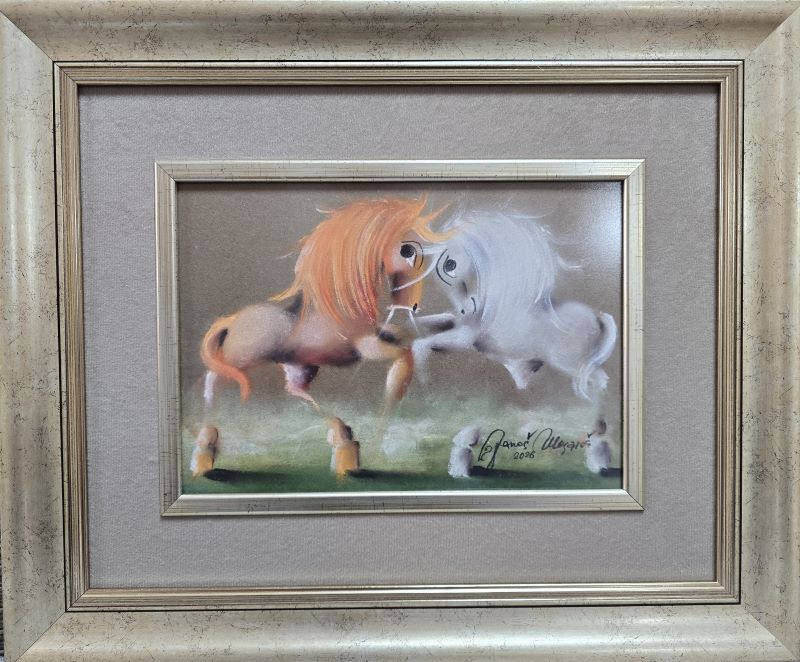 Šareno VI, Janoš Mesaroš, pastel, luksuzno uramljena sa staklom, sa 43×51 cm, bez 21×30 cm, sertifikat, 33040 dinara