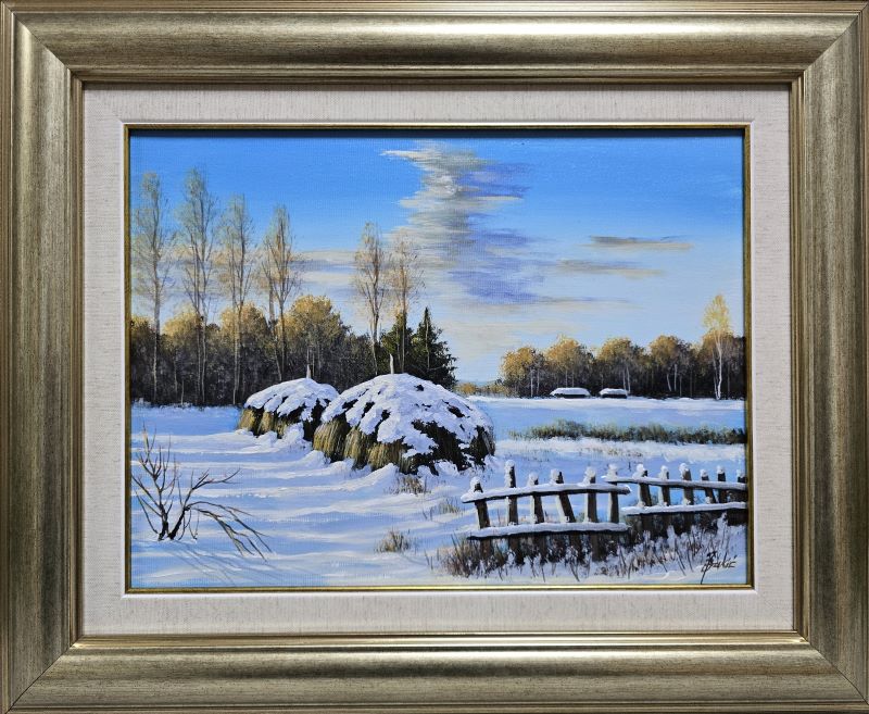 Zimska idila, Jadran Đukić, ulje na platnu, sa 46×56 cm, bez 30×40 cm, sertifikat, lux uramljena, 20060 dinara