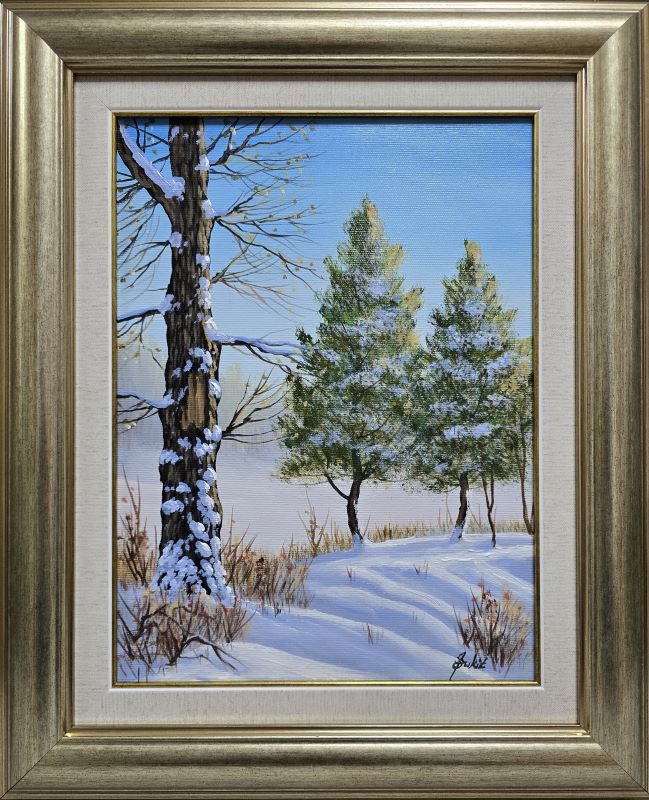 Zimska priča, Jadran Đukić, ulje na platnu, sa 56×46 cm, bez 40×30 cm, sertifikat, lux uramljena, 20060 dinara