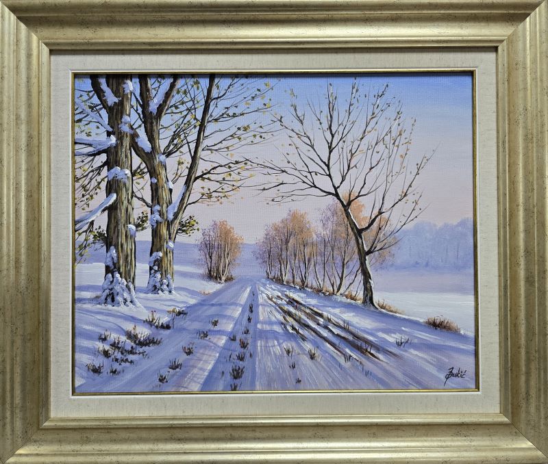 Zimski put, Jadran Đukić, ulje na platnu, sa 58×68 cm, bez 40×50 cm, sertifikat, lux uramljena,28320 dinara